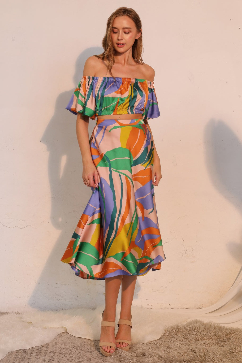 Isla Tropical satin crop top with elastic off-shoulder neckline and ruffle bubble sleeves
