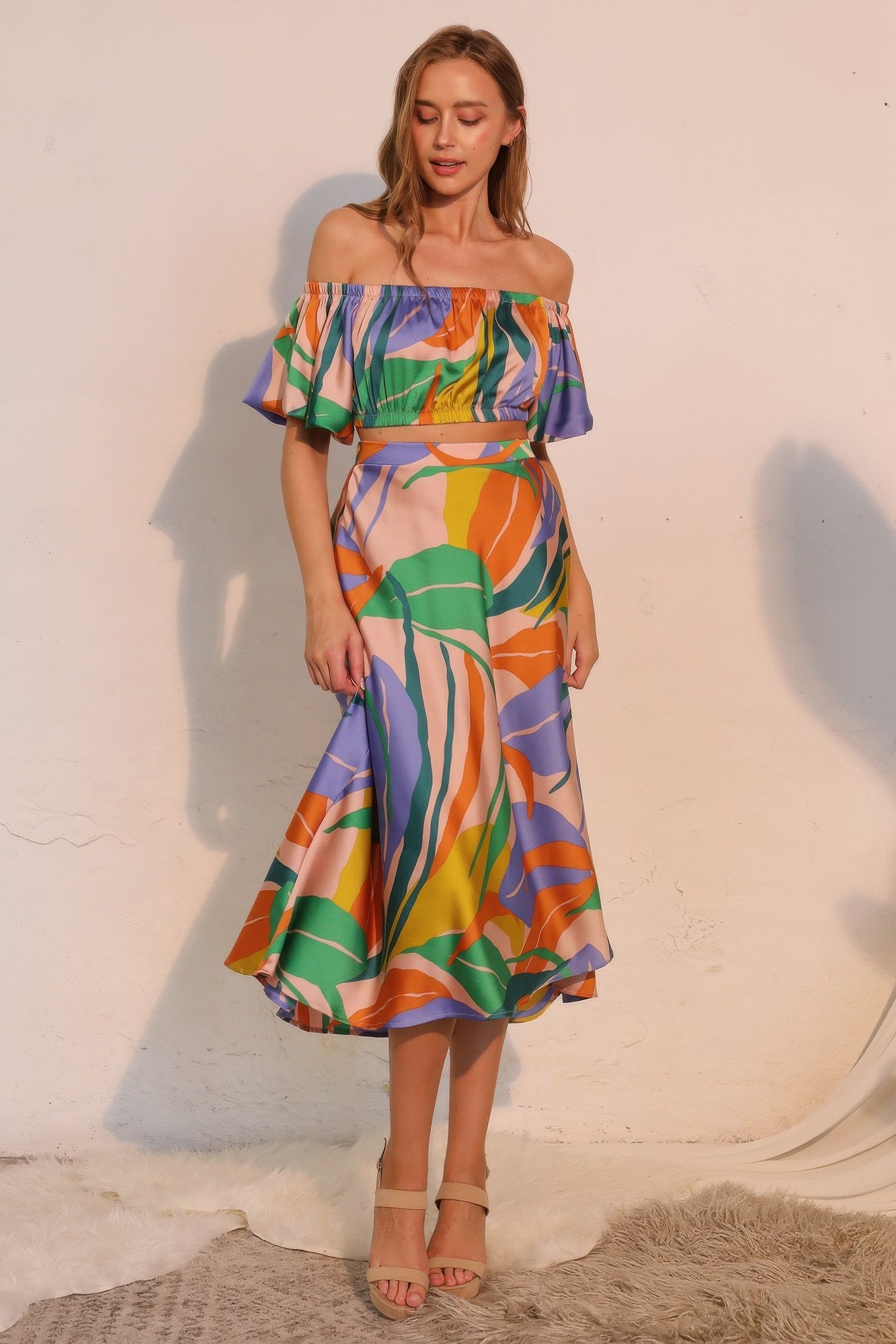 Isla Tropical satin crop top with elastic off-shoulder neckline and ruffle bubble sleeves