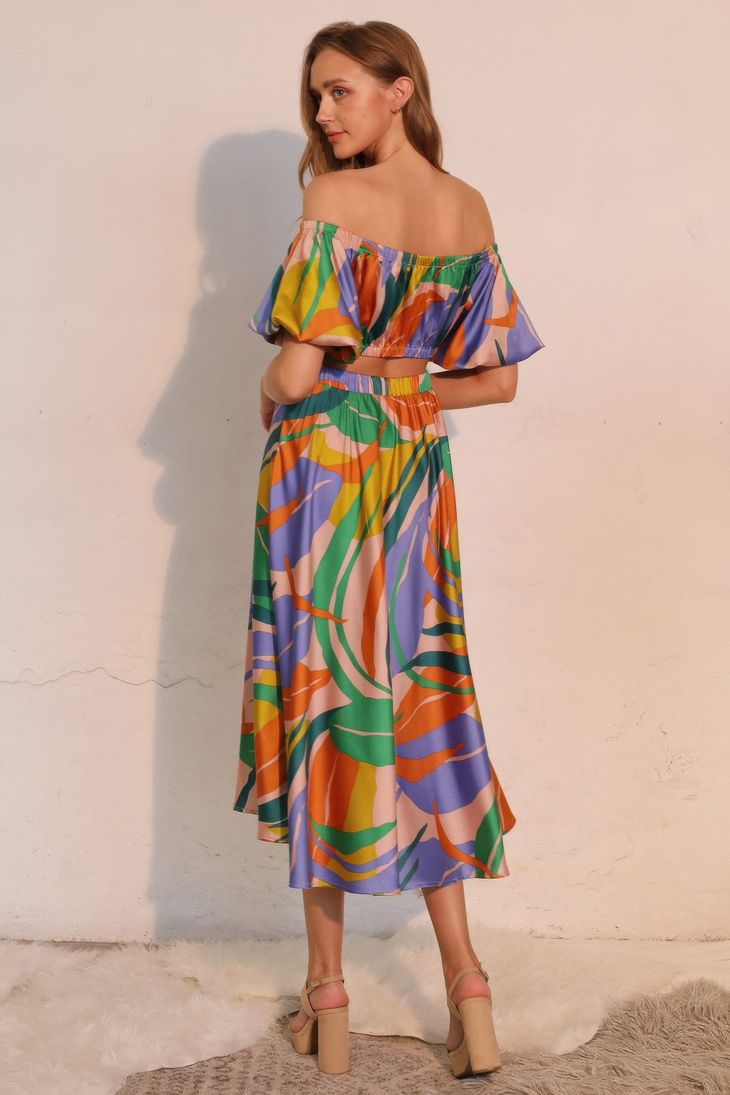 Satin off-shoulder crop top with gathered neckline, bubble sleeves, tropical multicolor print