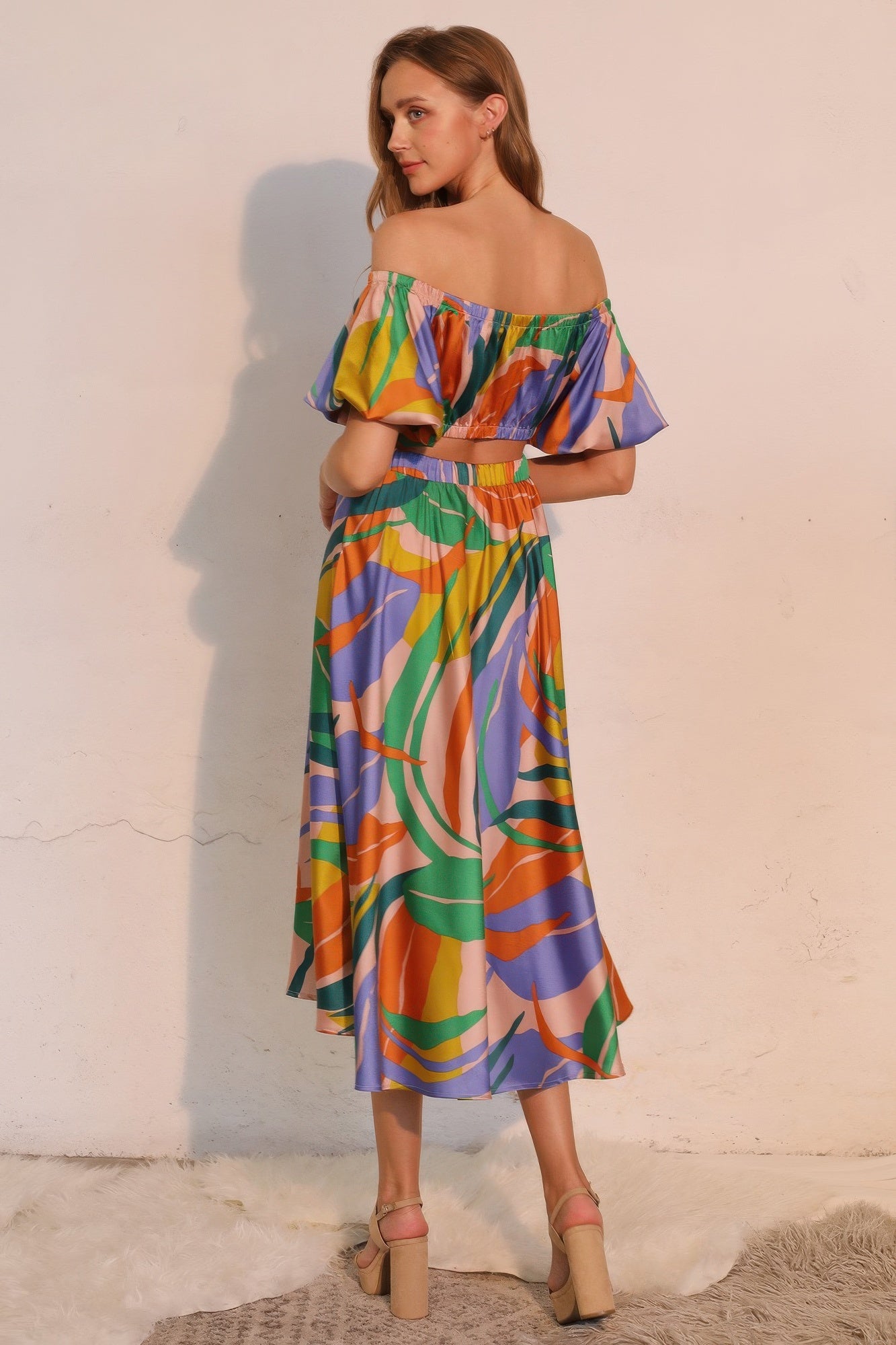 Satin off-shoulder crop top with gathered neckline, bubble sleeves, tropical multicolor print
