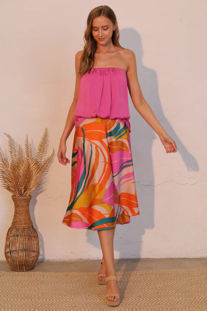 Isla Tropical Satin Midi Swing Skirt - Tigbul's Variety Fashion Shop