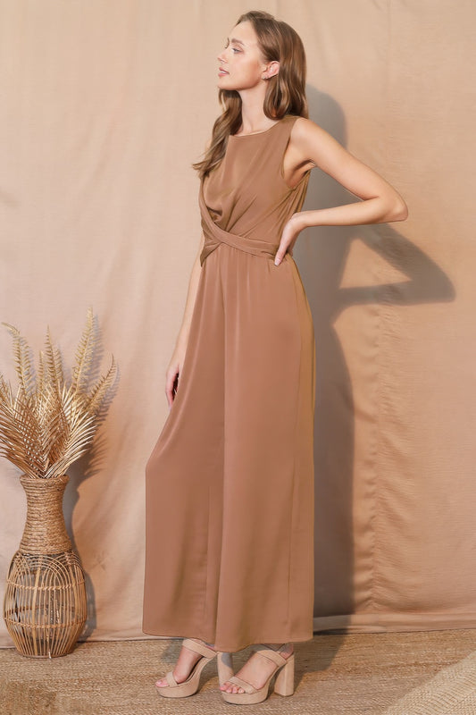 Washed Poly Silk Twist Front Jumpsuit - Tigbul's Variety Fashion Shop