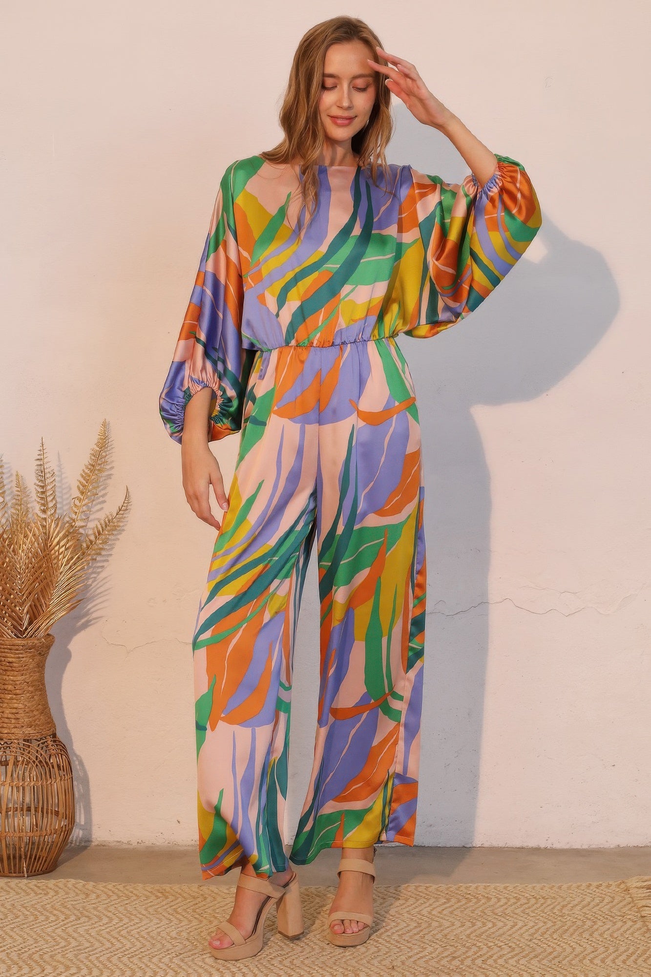 Isla Tropical Satin Boat Neck Blouson Jumpsuit - Tigbul's Variety Fashion Shop