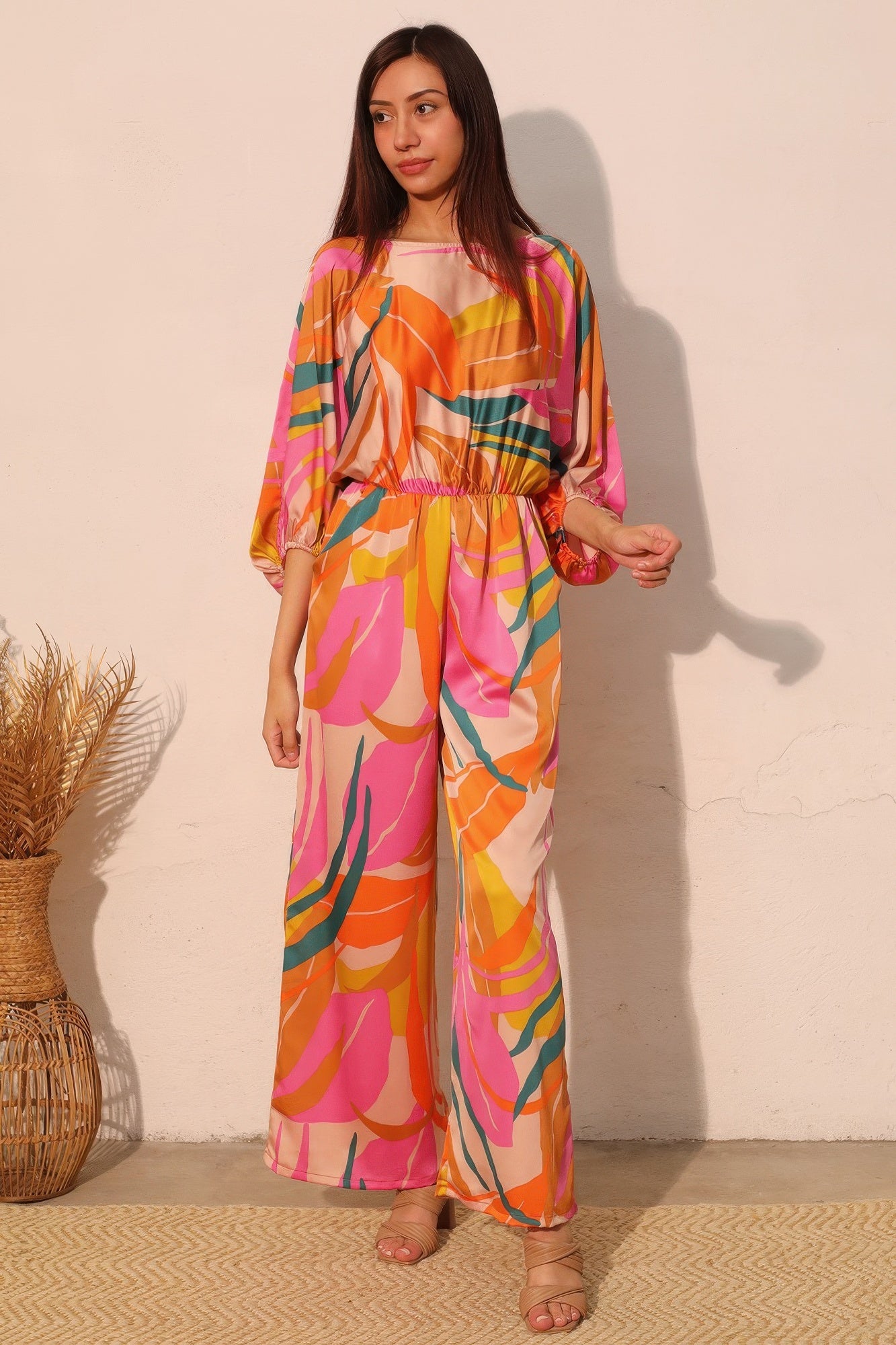 Isla Tropical Satin Boat Neck Blouson Jumpsuit - Tigbul's Variety Fashion Shop