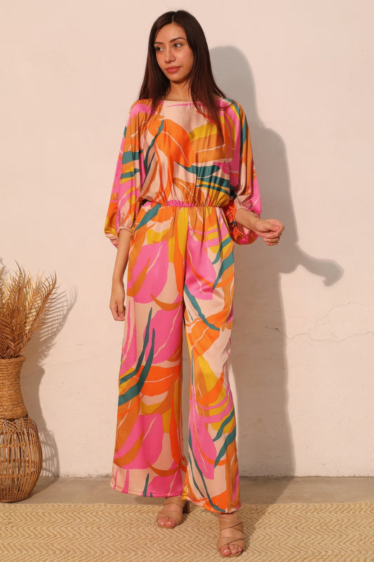 Isla Tropical Satin Boat Neck Blouson Jumpsuit - Tigbul's Variety Fashion Shop
