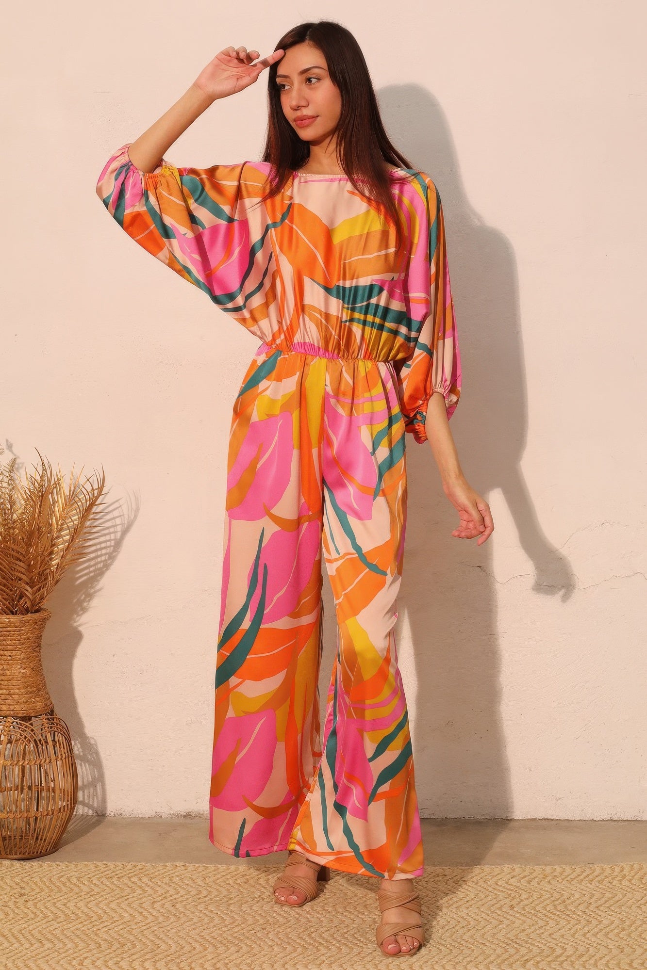 Isla Tropical Satin Boat Neck Blouson Jumpsuit - Tigbul's Variety Fashion Shop