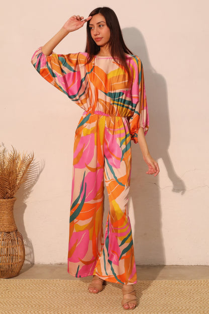 Isla Tropical Satin Boat Neck Blouson Jumpsuit - Tigbul's Variety Fashion Shop