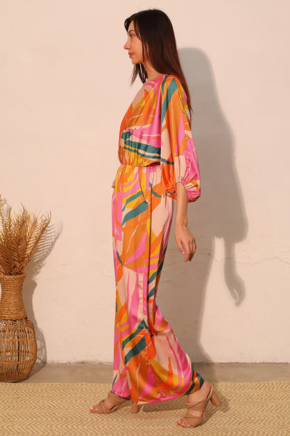 Isla Tropical Satin Boat Neck Blouson Jumpsuit - Tigbul's Variety Fashion Shop