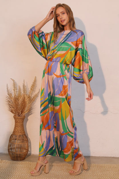 Isla Tropical Satin Boat Neck Blouson Jumpsuit - Tigbul's Variety Fashion Shop