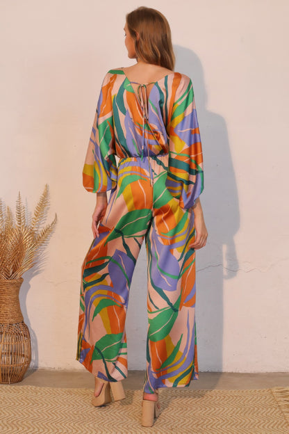 Isla Tropical Satin Boat Neck Blouson Jumpsuit - Tigbul's Variety Fashion Shop