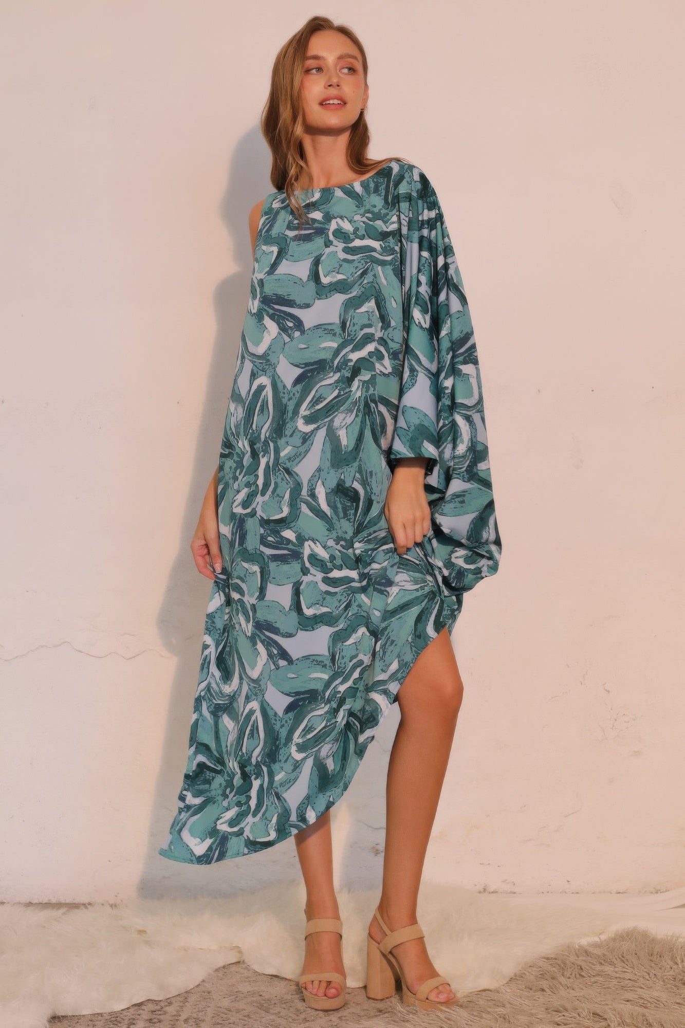 Petal print one-sleeve dress, teal, asymmetric midi hem