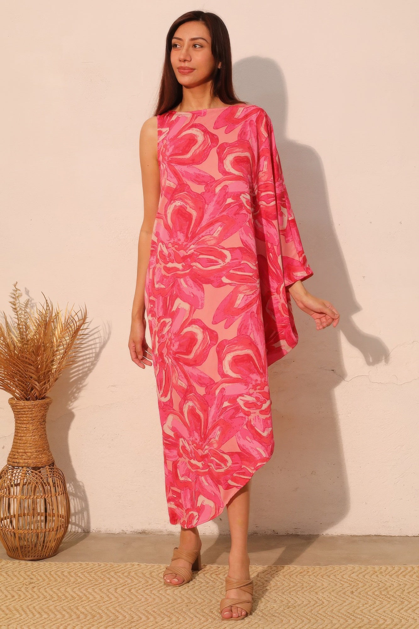 Petal print one-sleeve dress, pink, asymmetric midi with draped sleeve