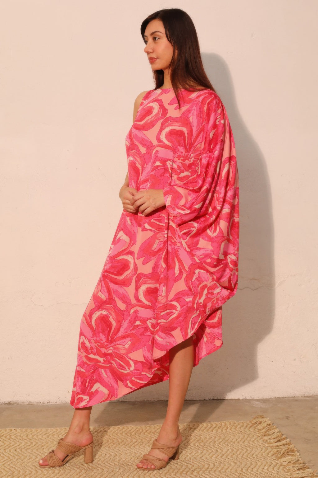 Petal print one-sleeve dress, pink, side view with midi slit and one shoulder