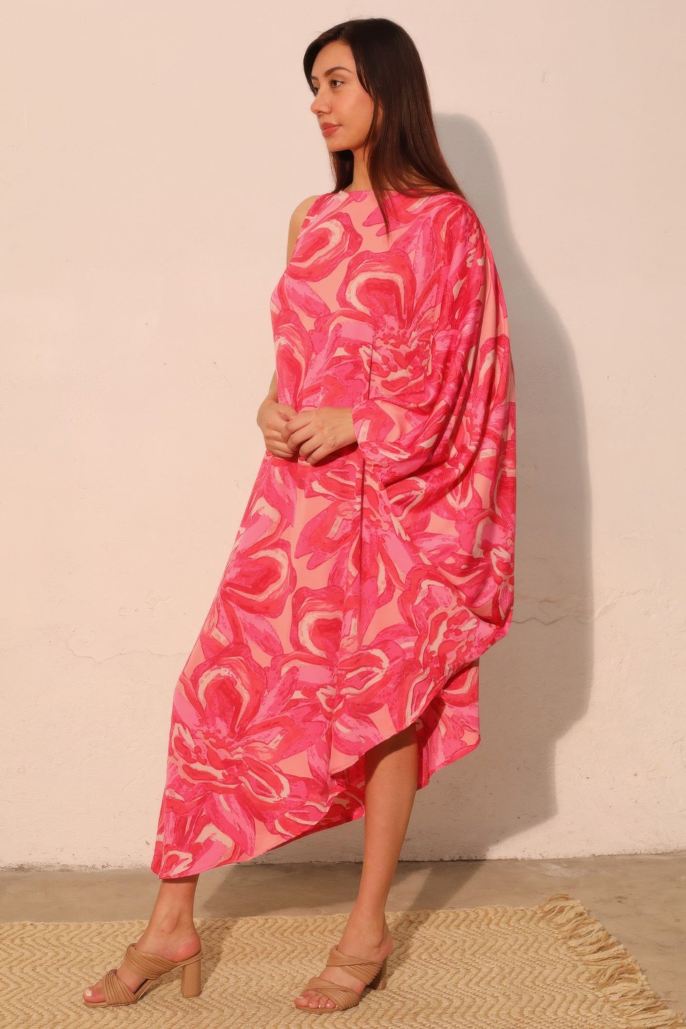 Petal print one-sleeve dress, pink, side view with midi slit and one shoulder