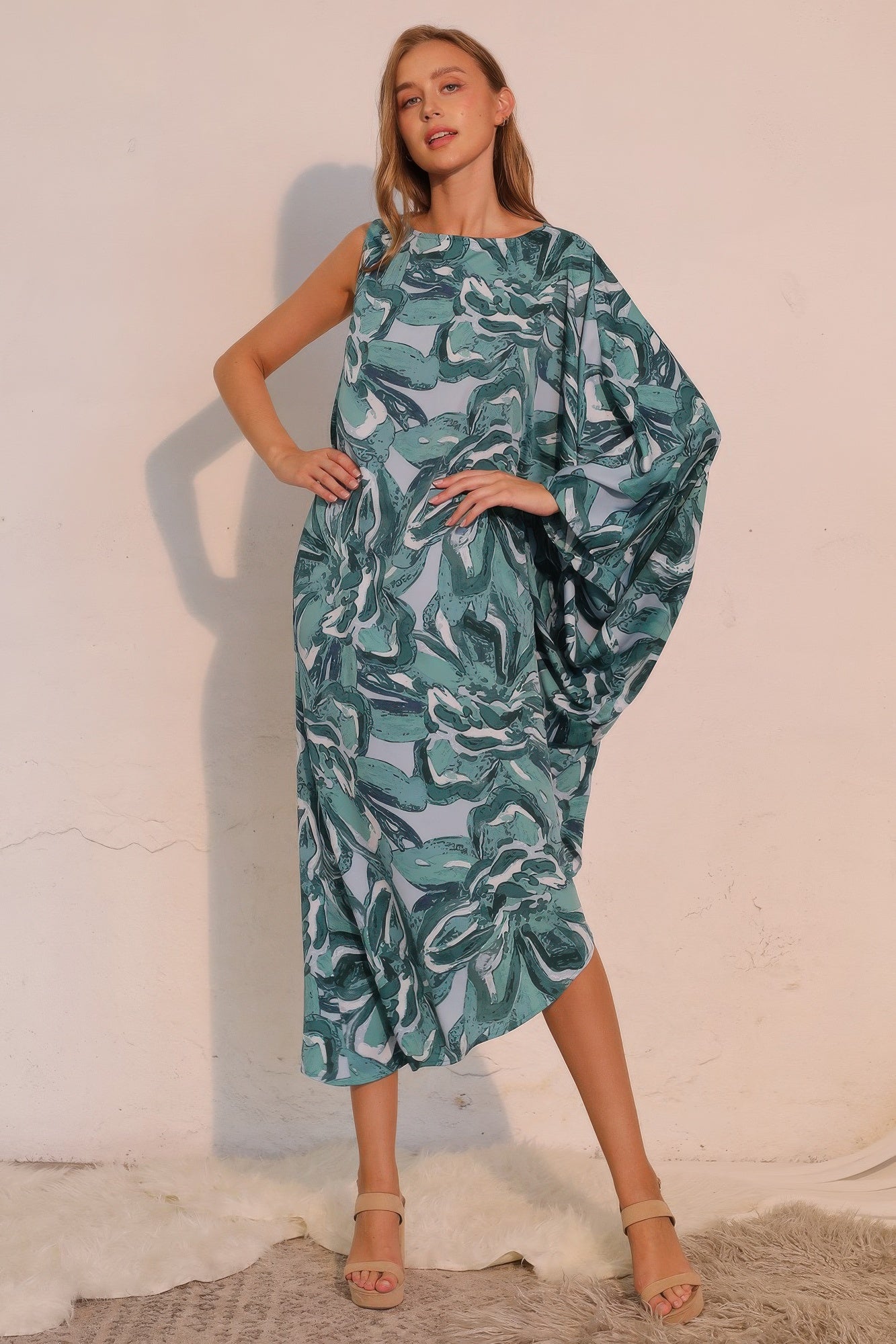 Petal print one-sleeve dress, teal, draped shoulder detail and side slit