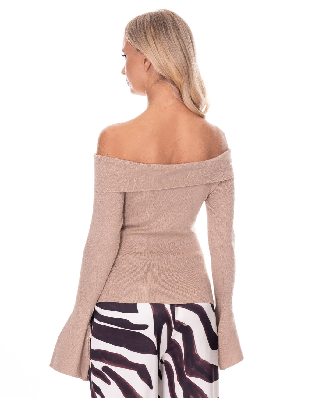 Camel off-shoulder knit top, back view with long flared sleeves