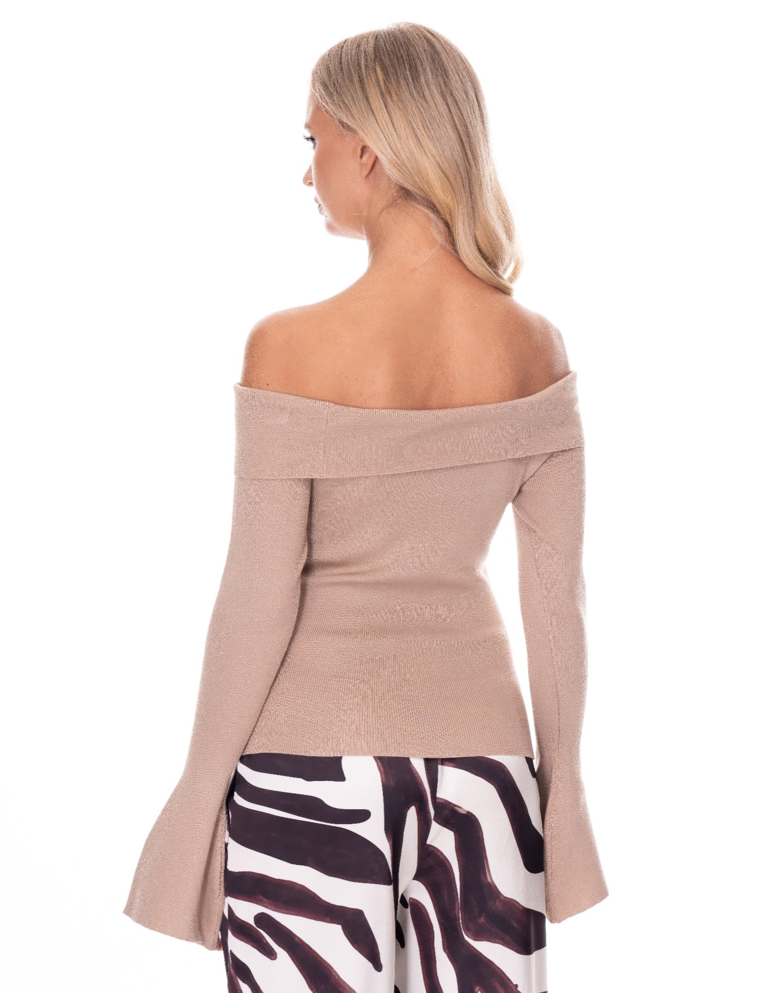 Camel off-shoulder knit top, back view with long flared sleeves