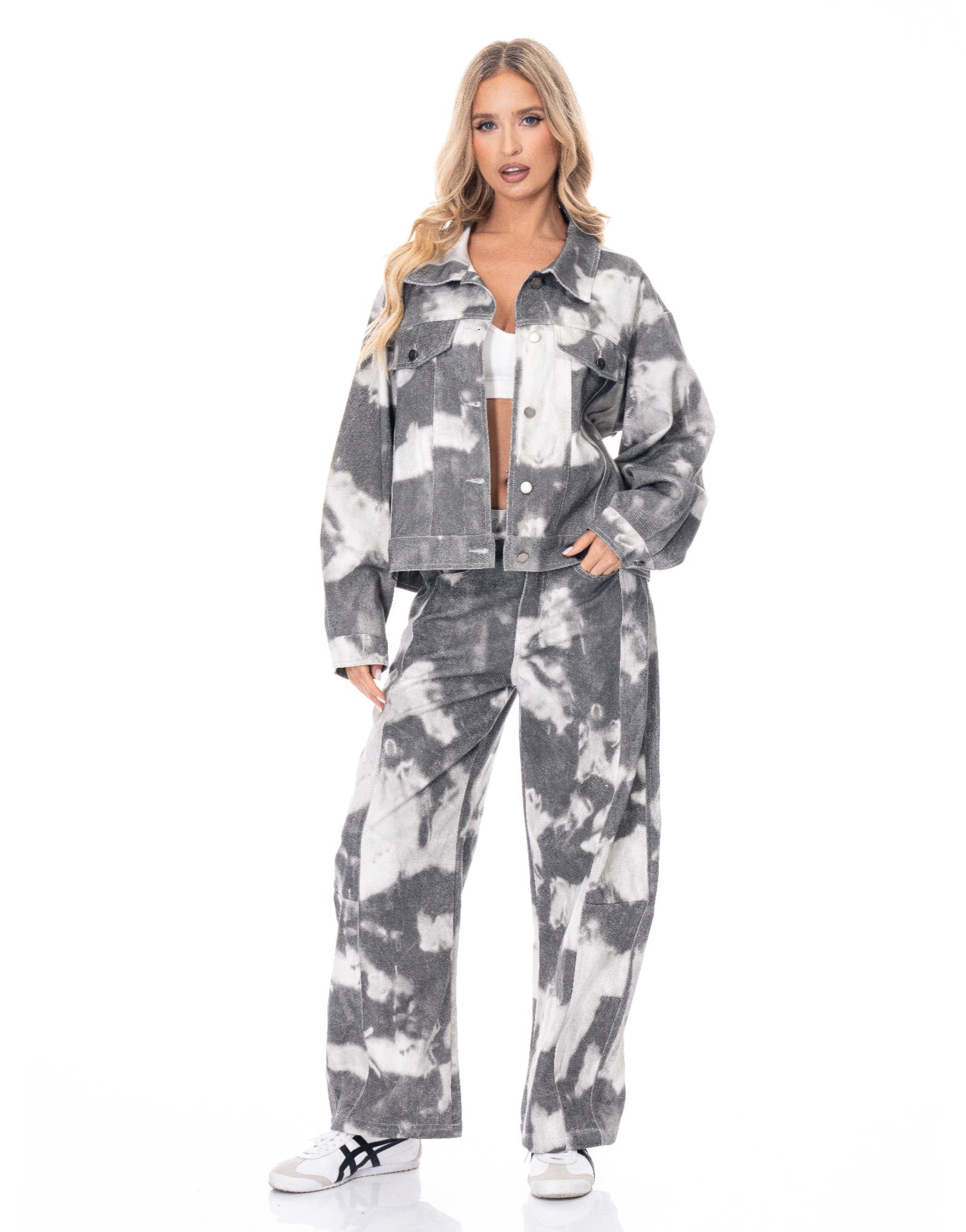 Tie-dye Denim Jacket with button-front and chest pockets, black-and-white wash