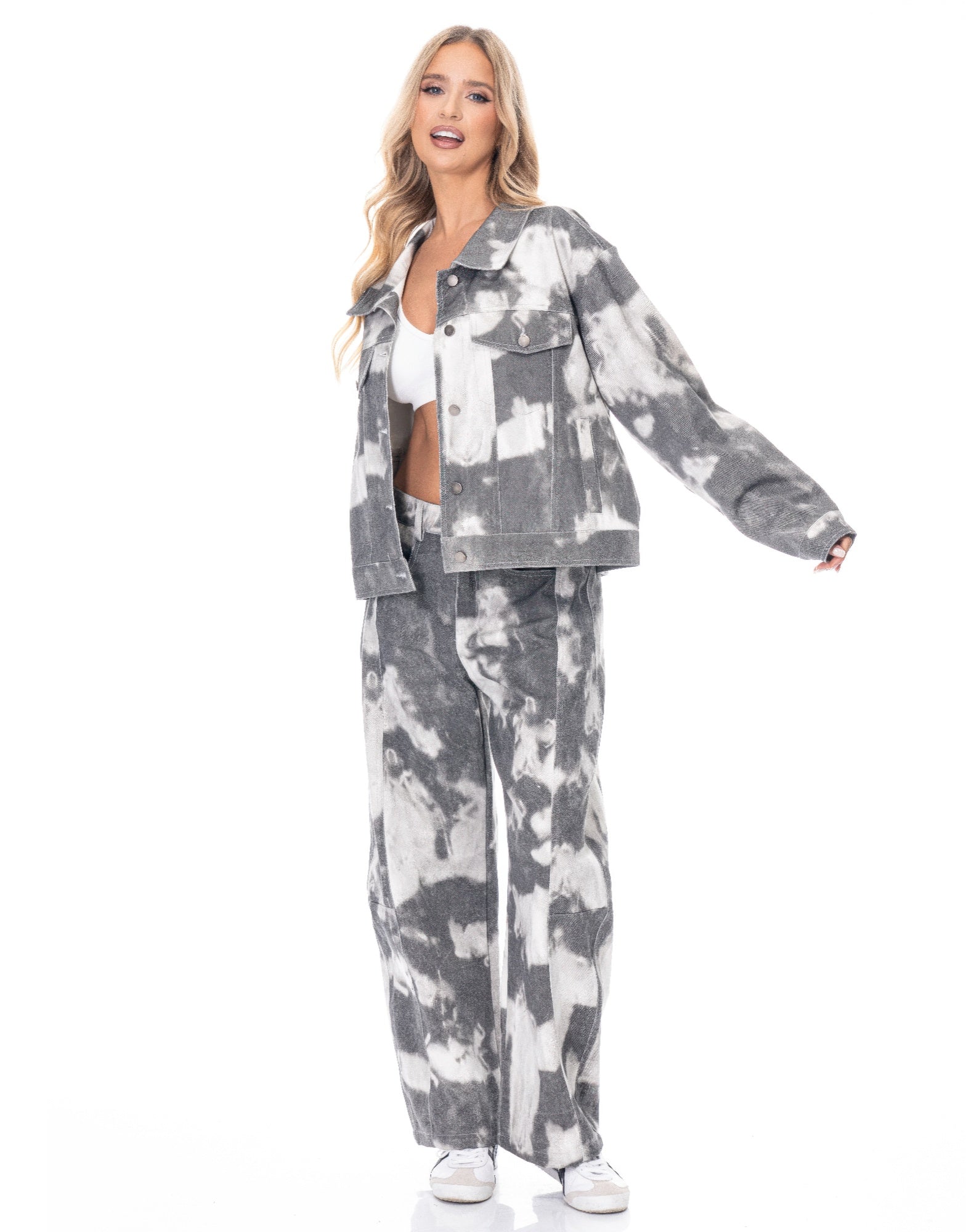 Tie-dye denim jacket with button-front collar, black/white patch pattern