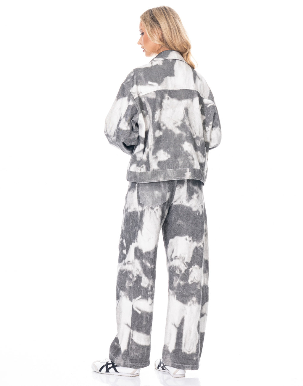 Tie-dye denim jacket back view, button-front with patchwork black-and-white