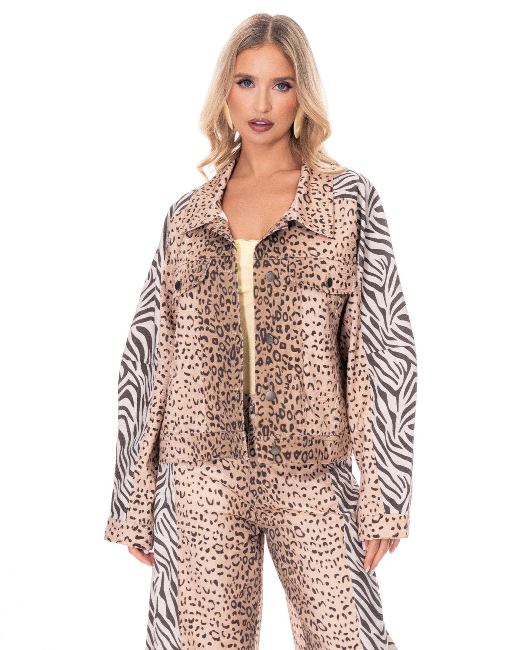 Cheetah print jacket with collared button front and dark patch pockets