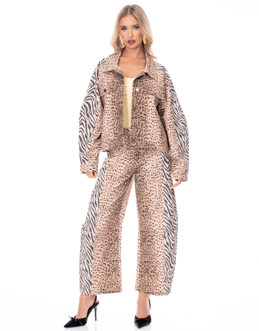 Cheetah print jacket with zebra-style side panels, long sleeves, button closure