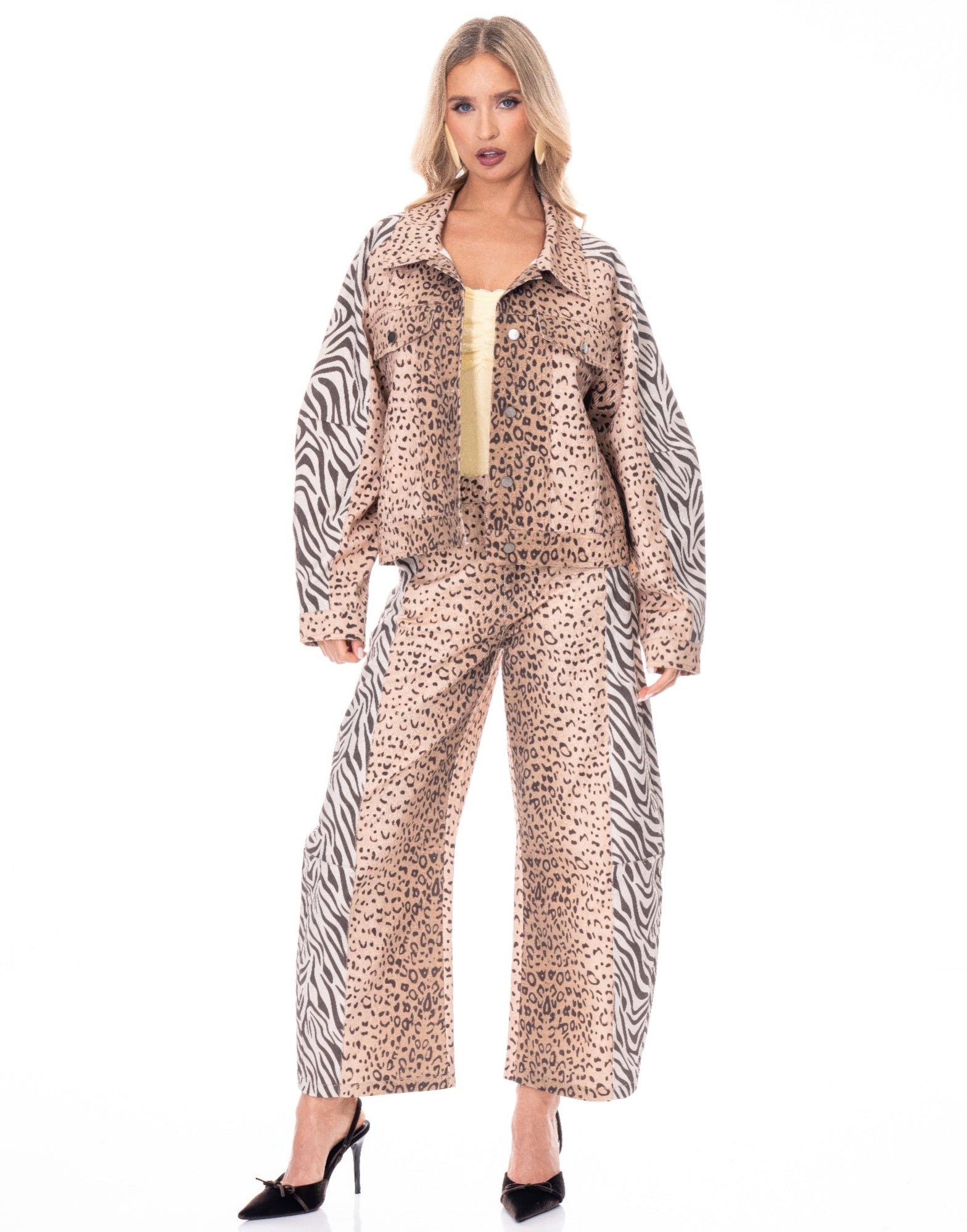 Leopard print wide-leg pants with zebra side panels