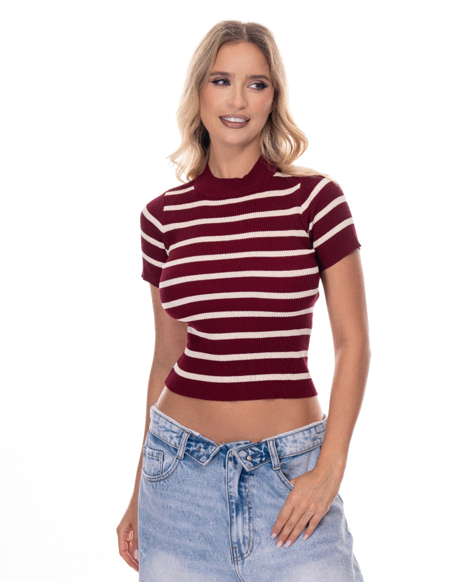 Raglan striped knit shirt with burgundy and cream horizontal stripes, crew neck, short sleeves