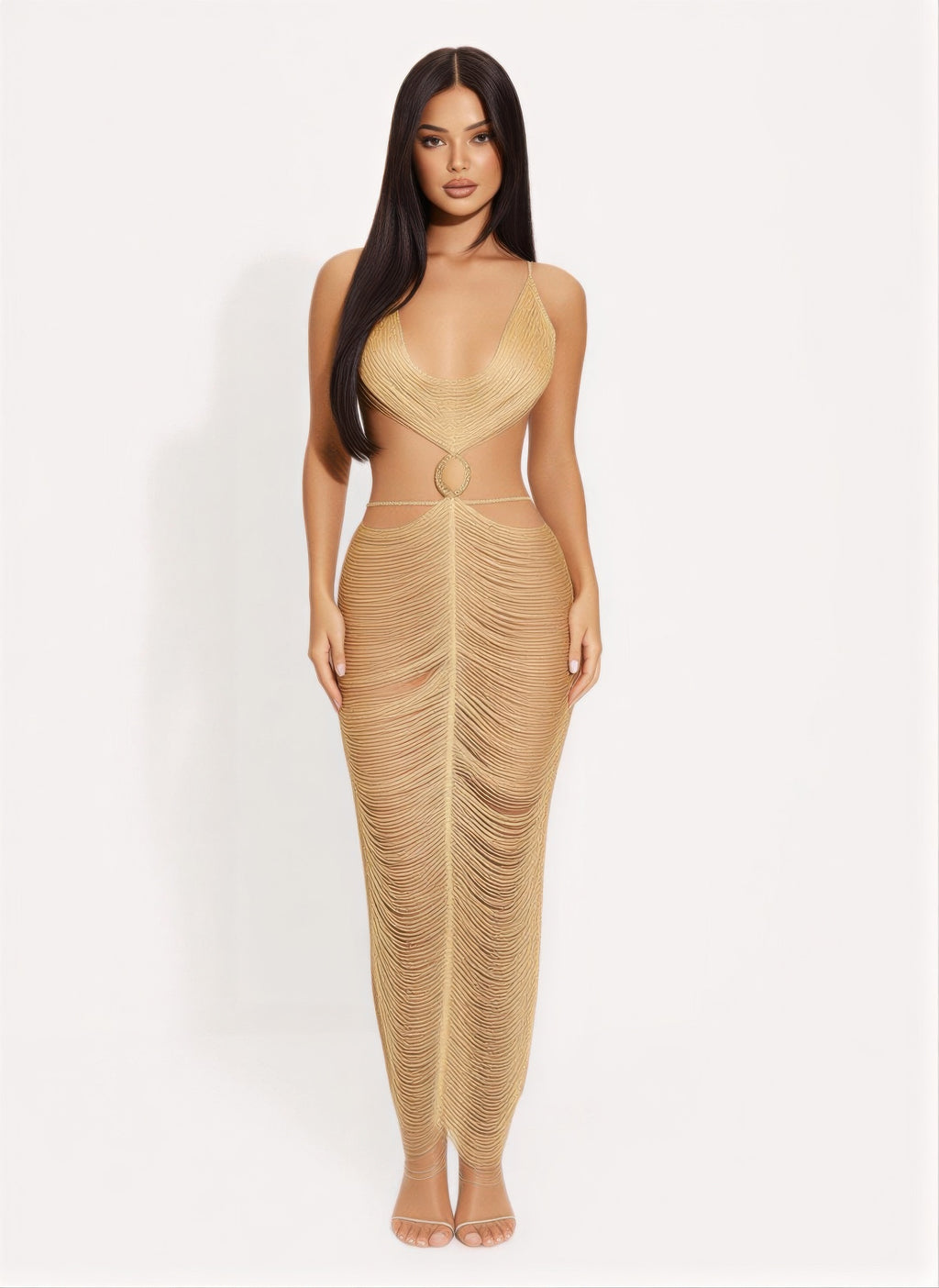 Metallic cutout back maxi dress, gold mesh drape with ring center and side cutouts