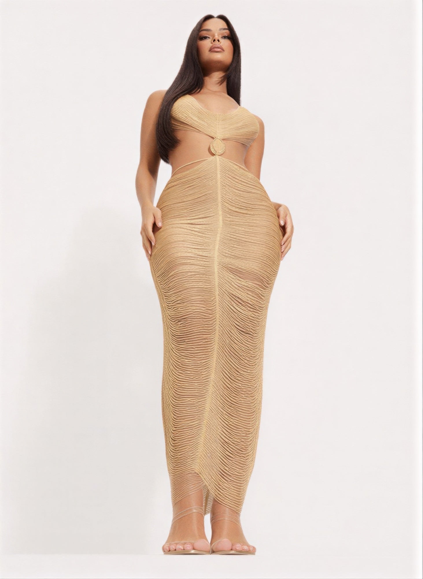 Gold metallic maxi dress with deep cutout back, draped spiral texture and open midsection