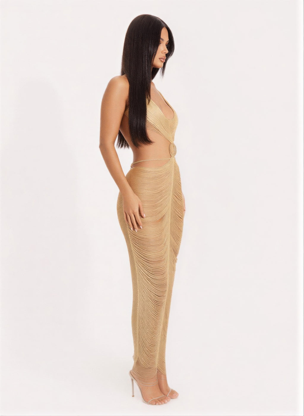 Gold metallic cutout back maxi dress with strappy top, fitted long drape and side cut