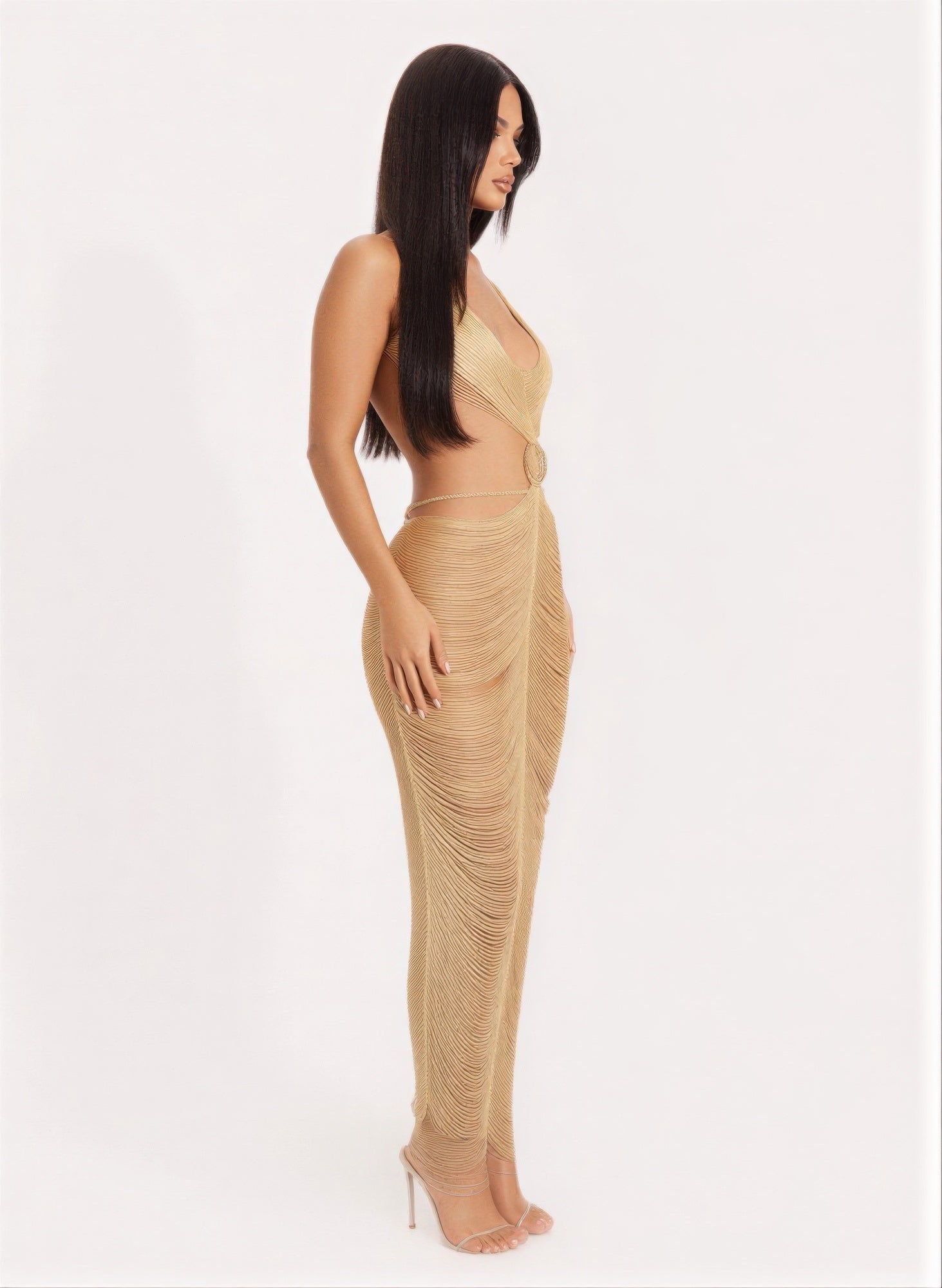 Gold metallic cutout back maxi dress with strappy top, fitted long drape and side cut