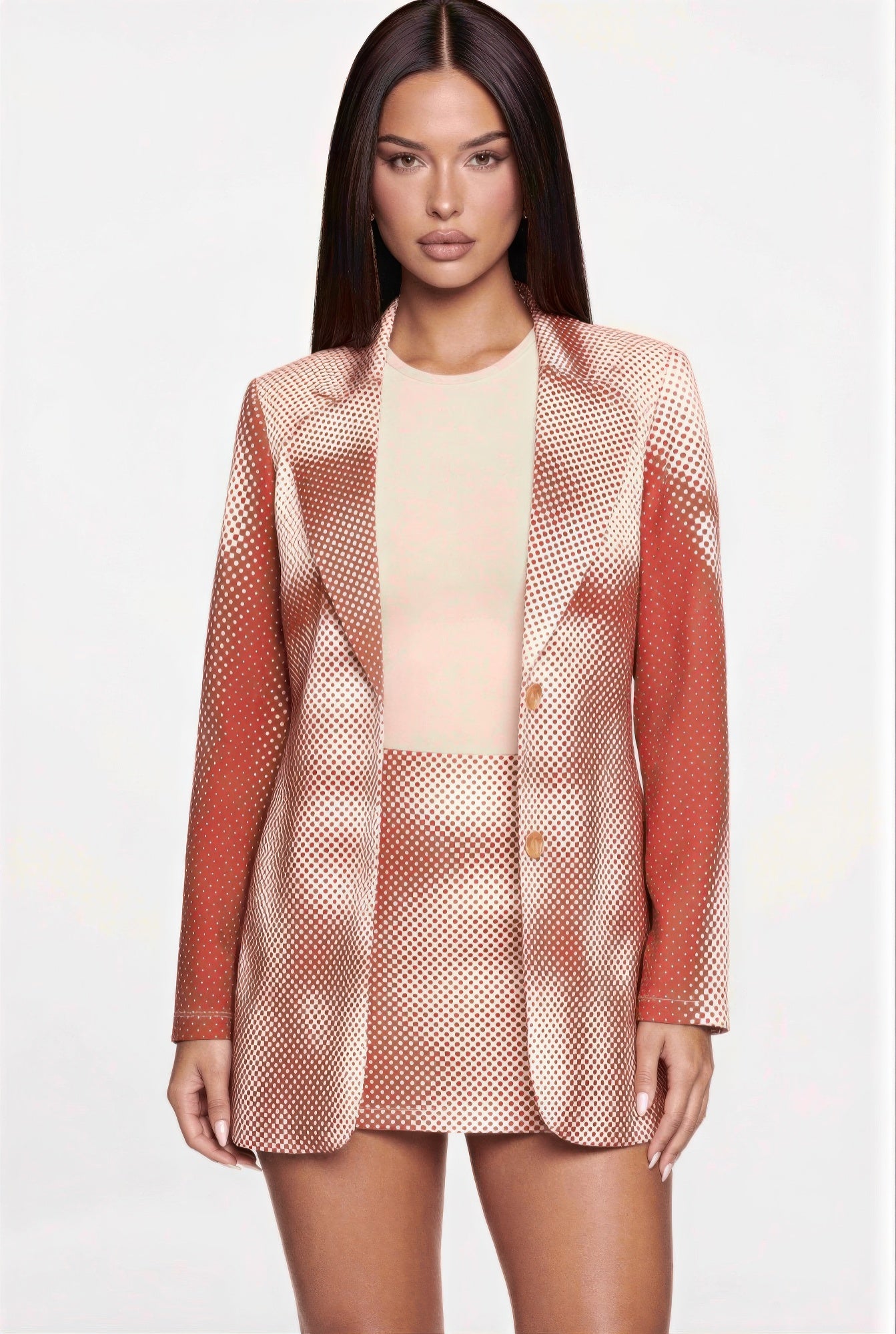 Notched collar mini dress blazer, terracotta dot print, long sleeves, button front