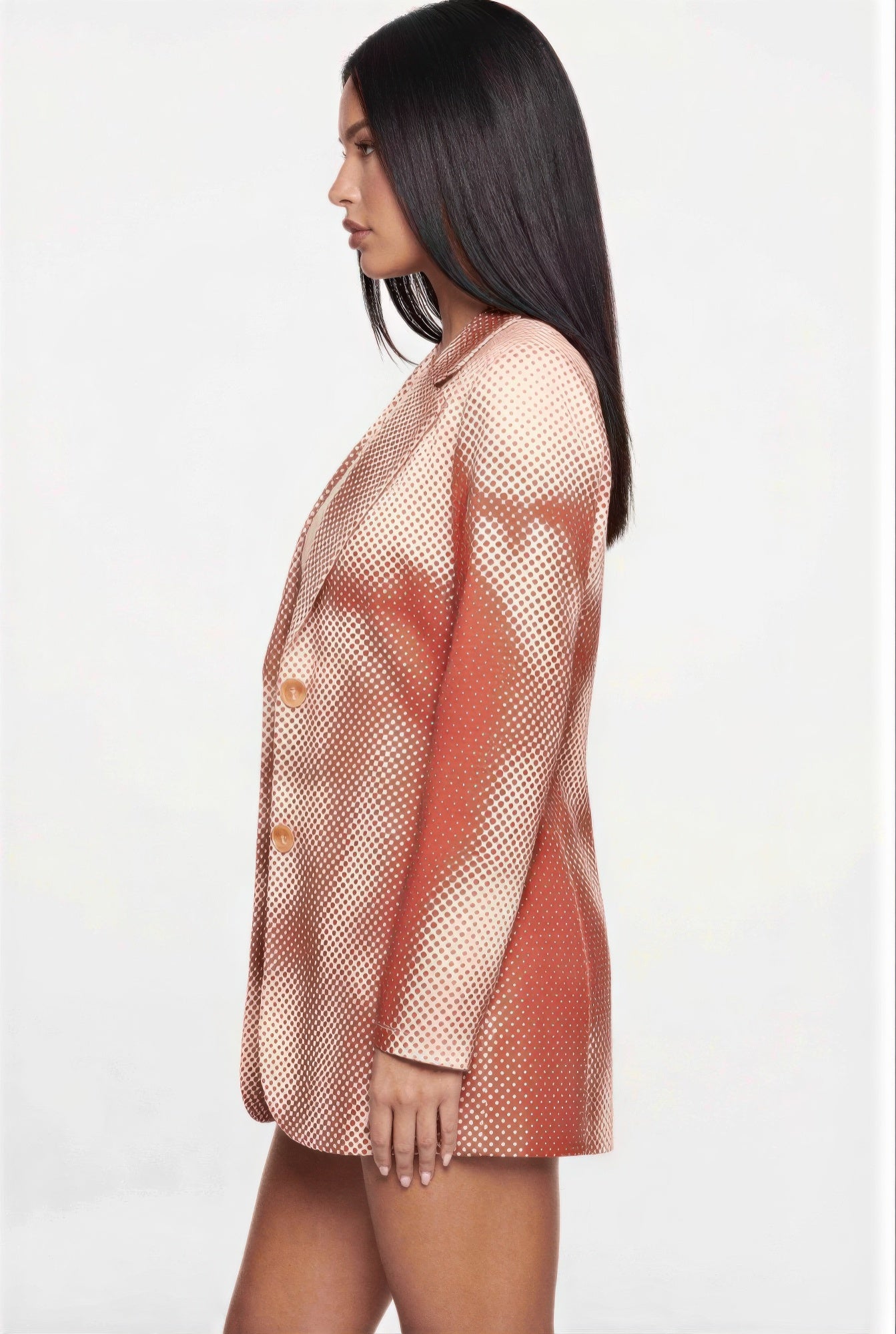 Side view mini dress blazer with long sleeves, terracotta dot pattern and button closure
