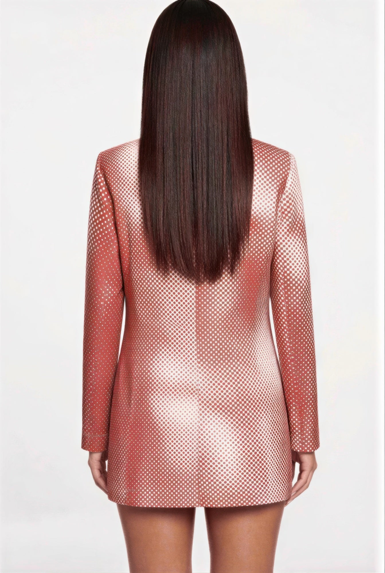 Back view mini dress blazer with terracotta dot print and notch collar