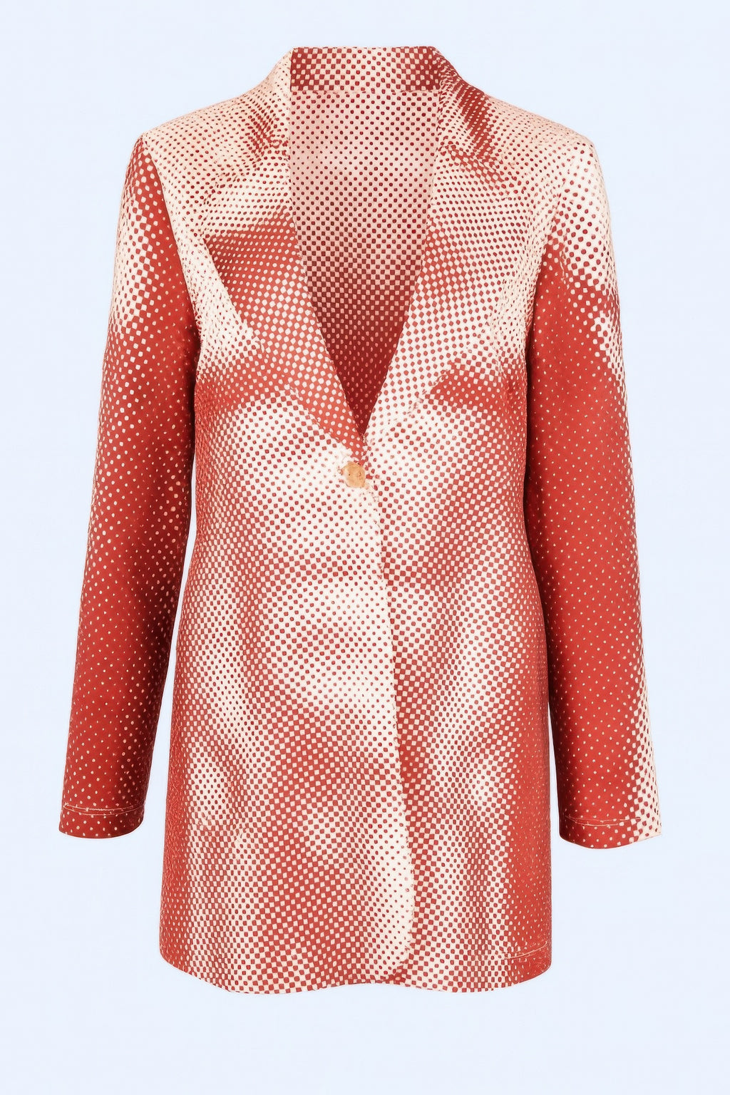 Back view mini dress blazer with deep V opening, terracotta dot print, button detail