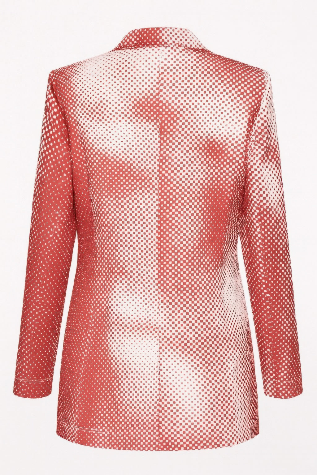 Back view mini dress blazer, terracotta dot pattern, long sleeves, straight hem