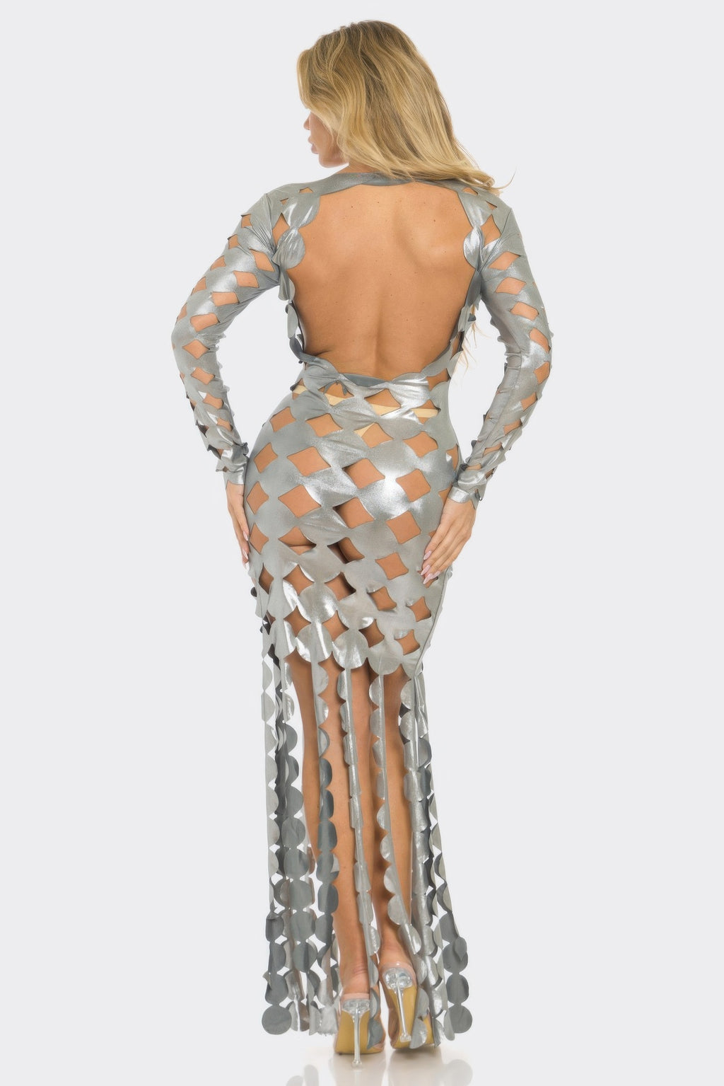 Back view of metallic cut-out maxi dress with open back, diamond pattern, long fringe