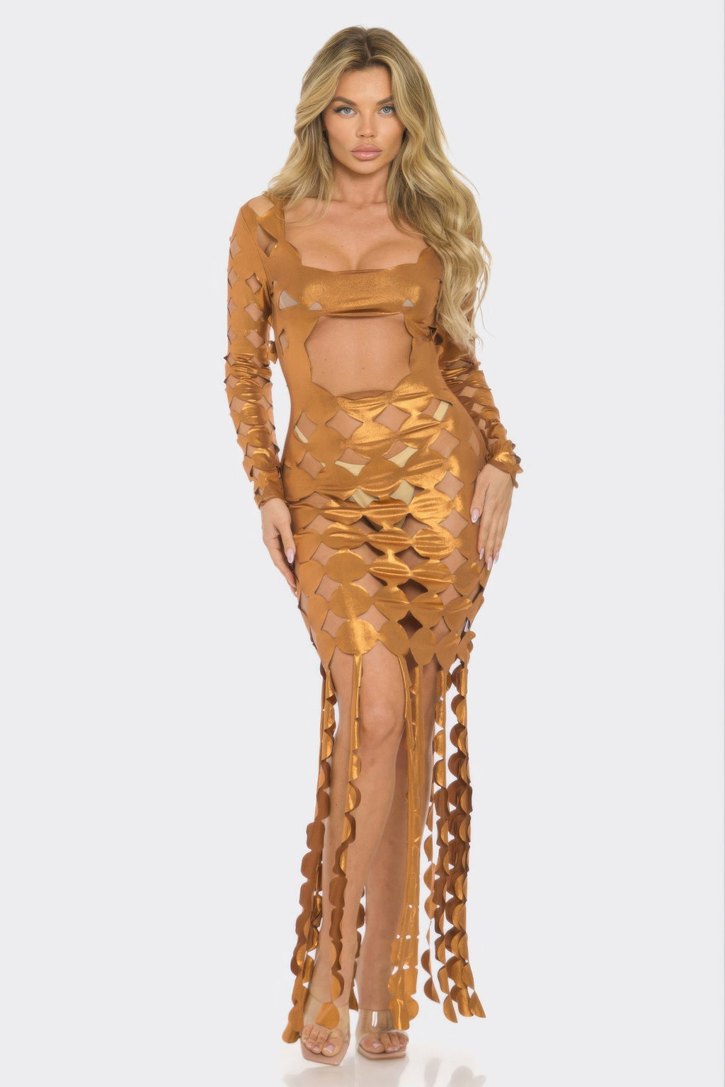 Metallic gold cut-out maxi dress, long sleeves, fringe hem