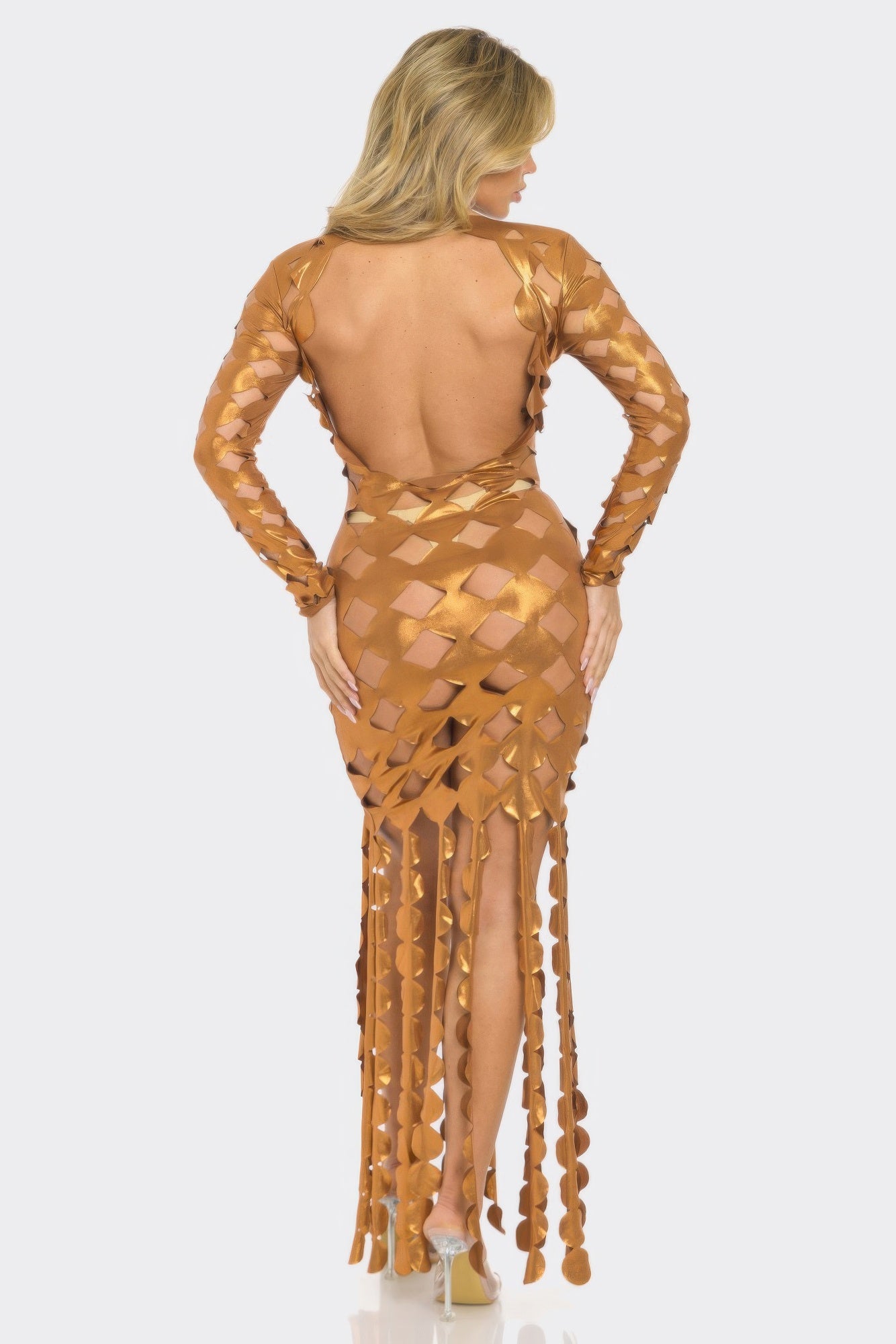 Metallic gold cut-out maxi dress with open back and long fringe tassels
