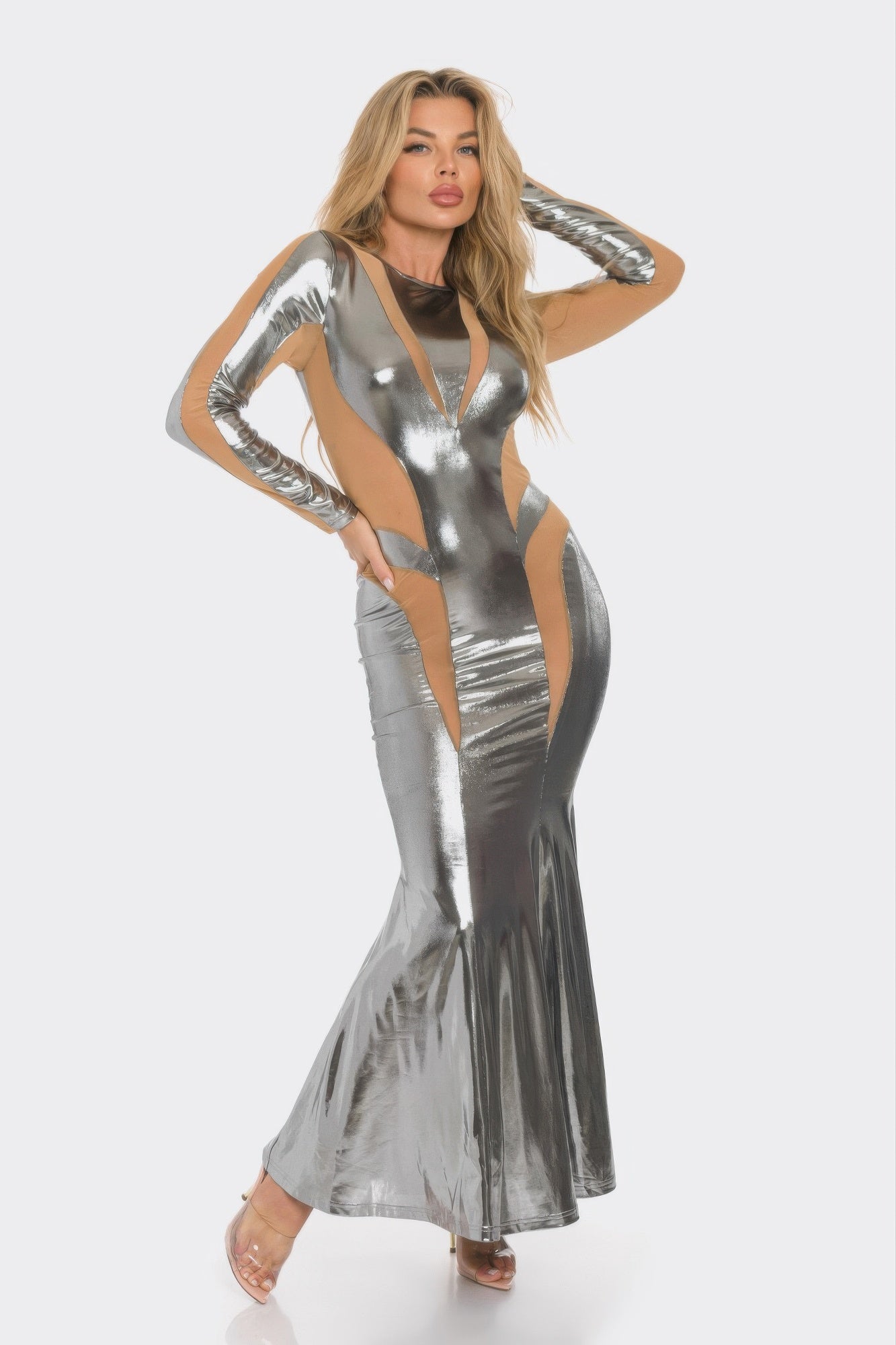 Metallic silver maxi dress, long sleeves, fitted silhouette with high neck mesh cutout