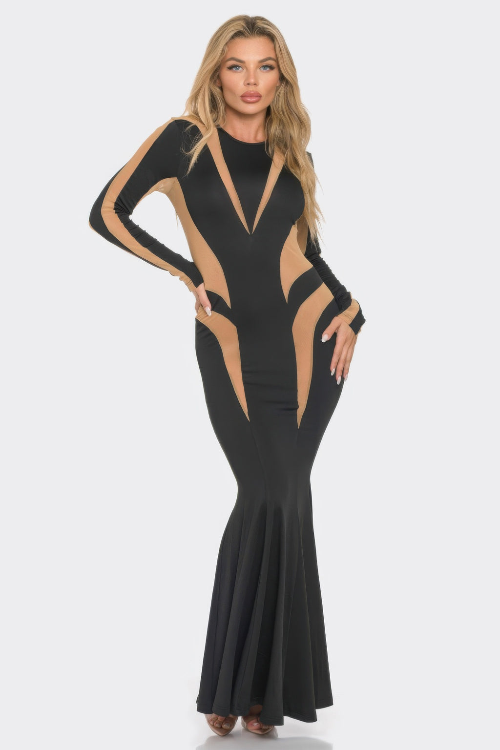 Mesh cut-out detail maxi dress: black, long sleeves, fitted body, flared skirt hem