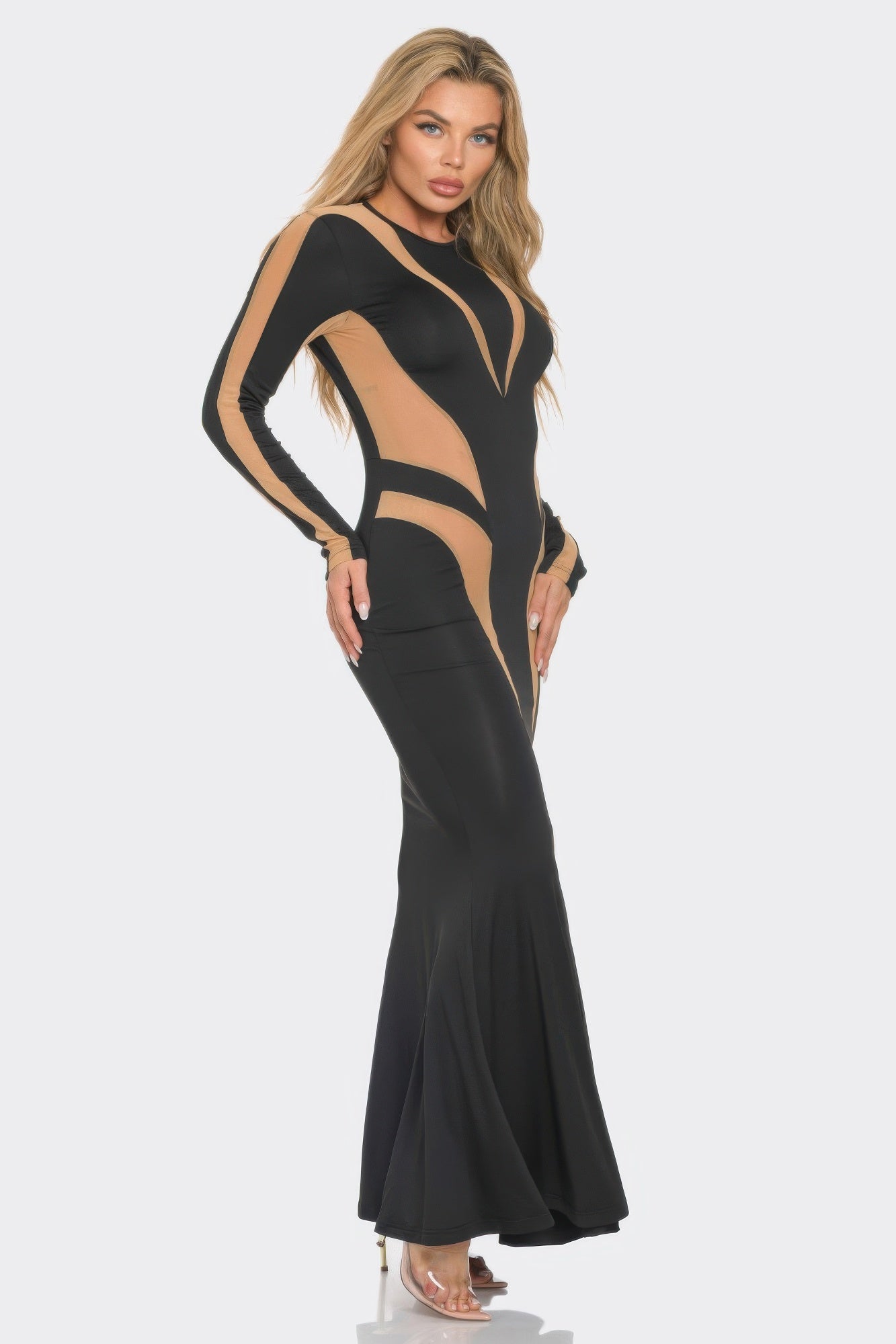 Mesh cut-out detail maxi dress: black V-neck with mesh panels, long sleeves, flared hem