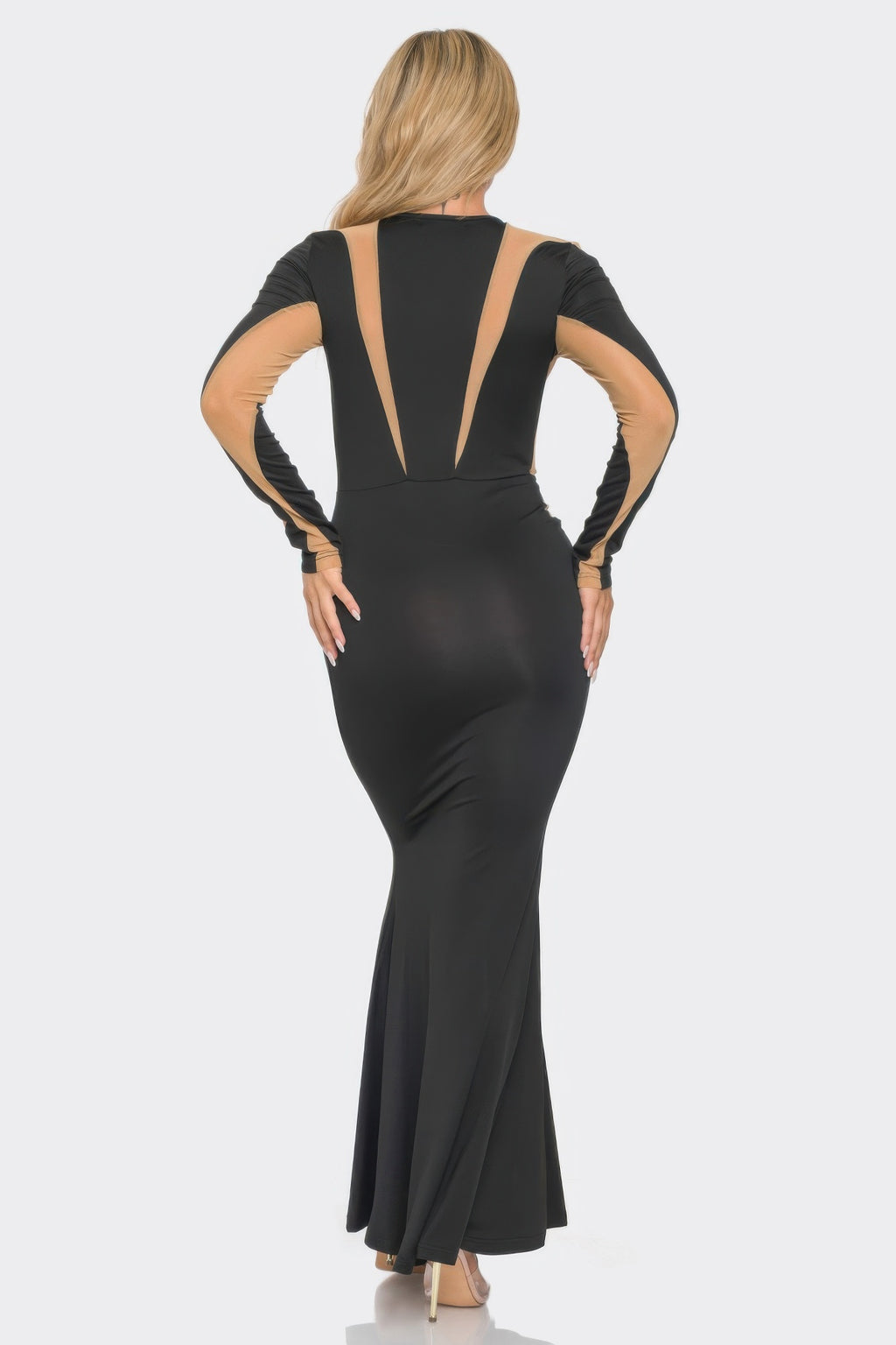 Mesh cut-out detail maxi dress back view: black with vertical mesh cut-outs, flared skirt hem