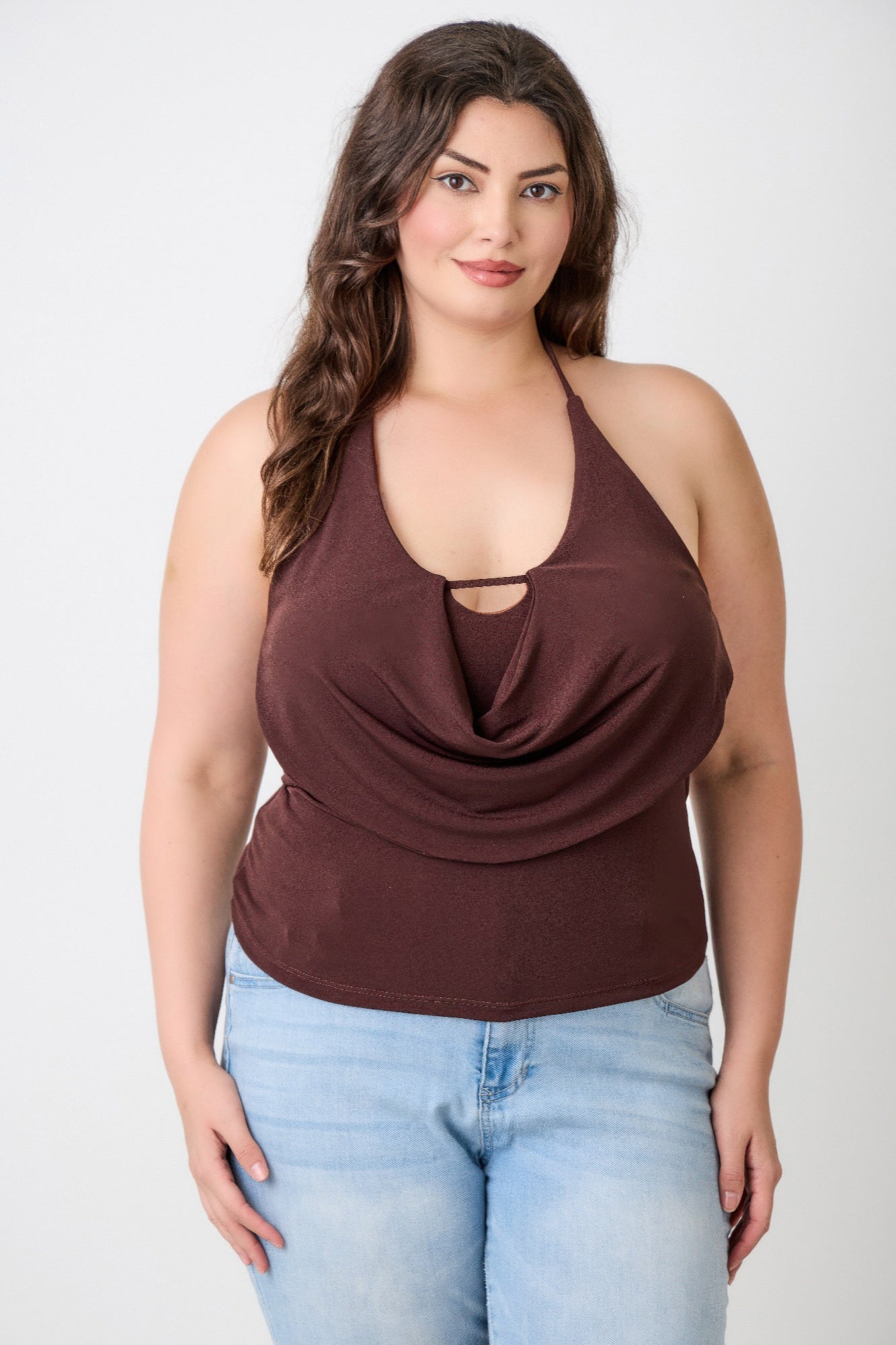 Brown halter cowl neck draped top with keyhole cutout at neckline