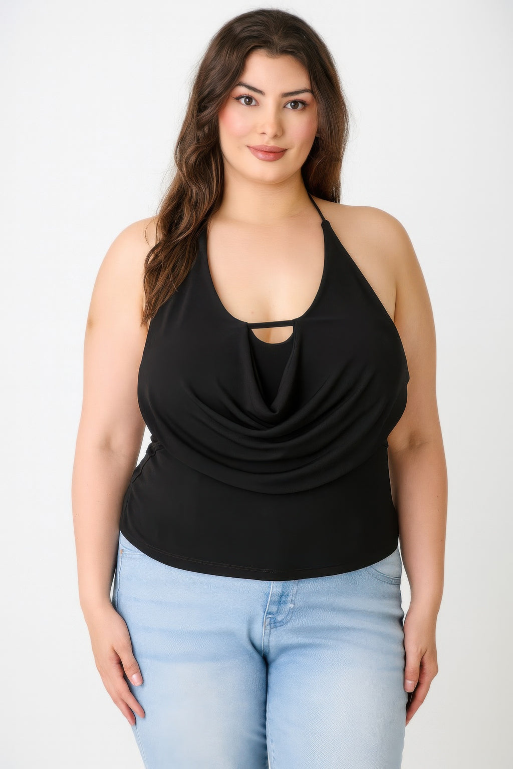 Black halter cowl neck draped top with neckline keyhole cutout