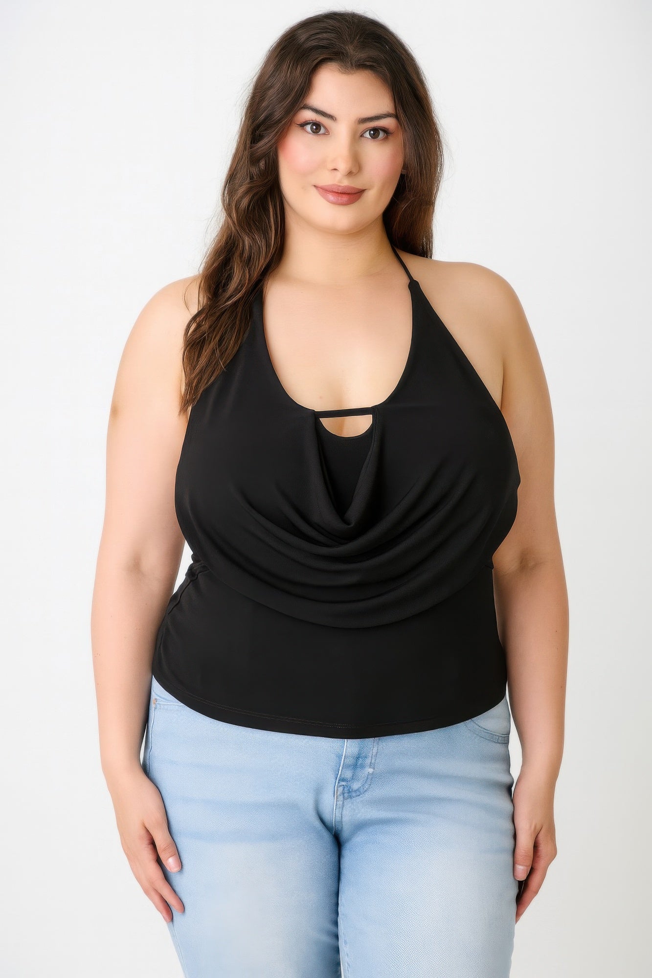 Black halter cowl neck draped top with neckline keyhole cutout