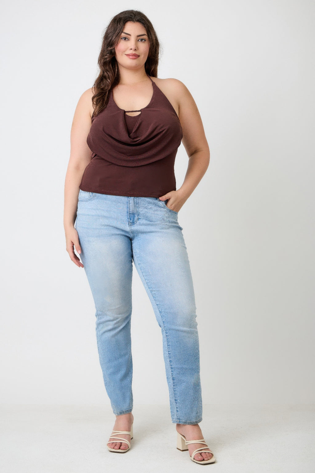 Brown plus-size halter draped top with cowl neckline and keyhole cutout