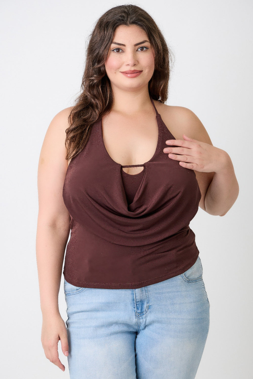 Brown halter cowl neck draped top, detailed keyhole cutout at center neckline