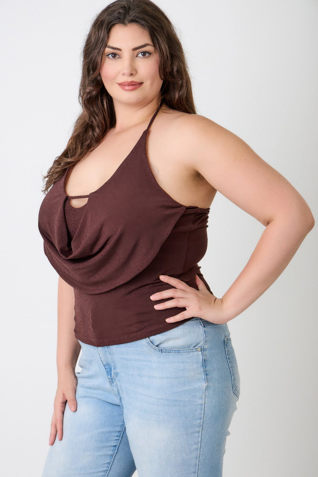 Brown halter cowl neck draped top with long drape and neckline keyhole cutout